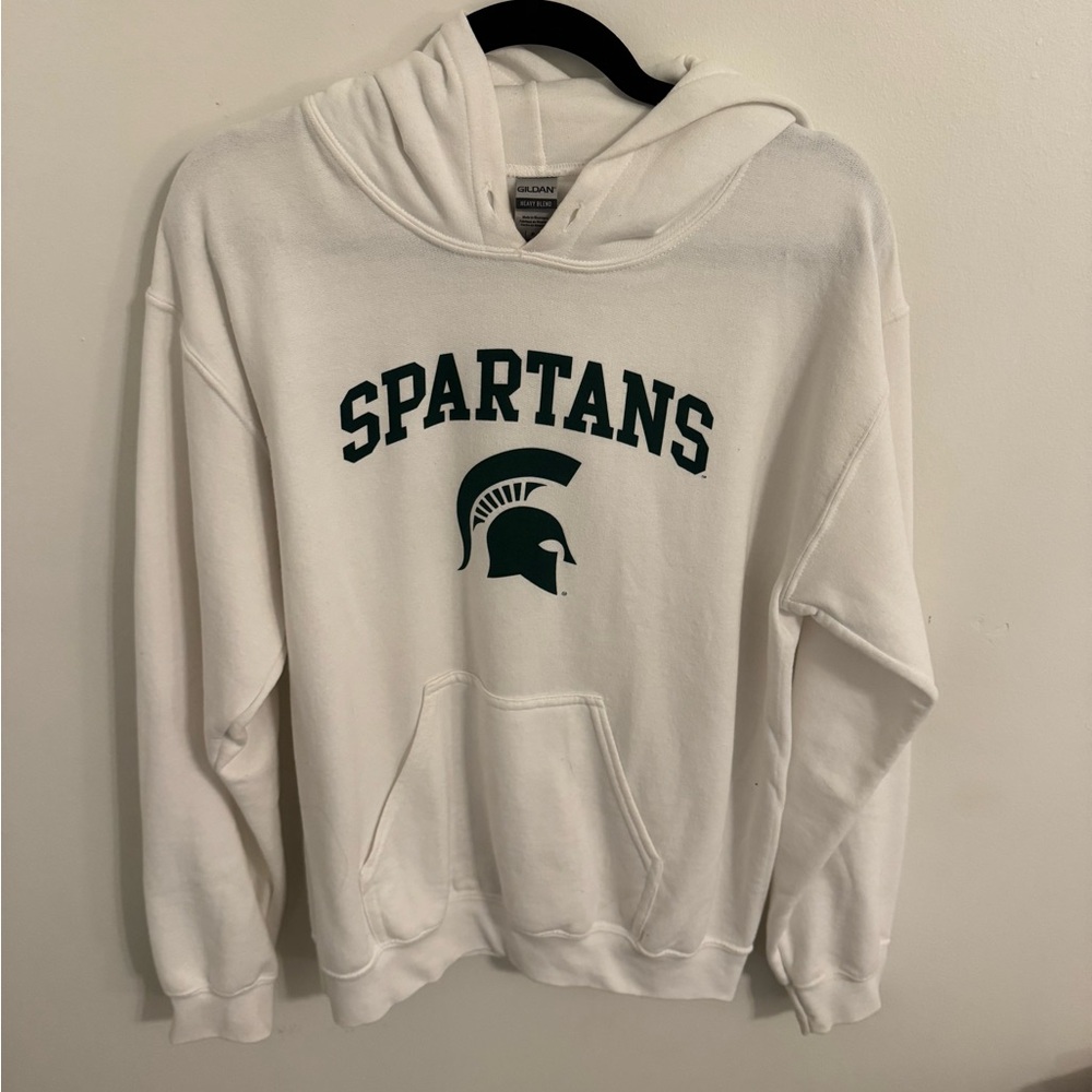 Gildan White Hoodie with Green Spartans Logo